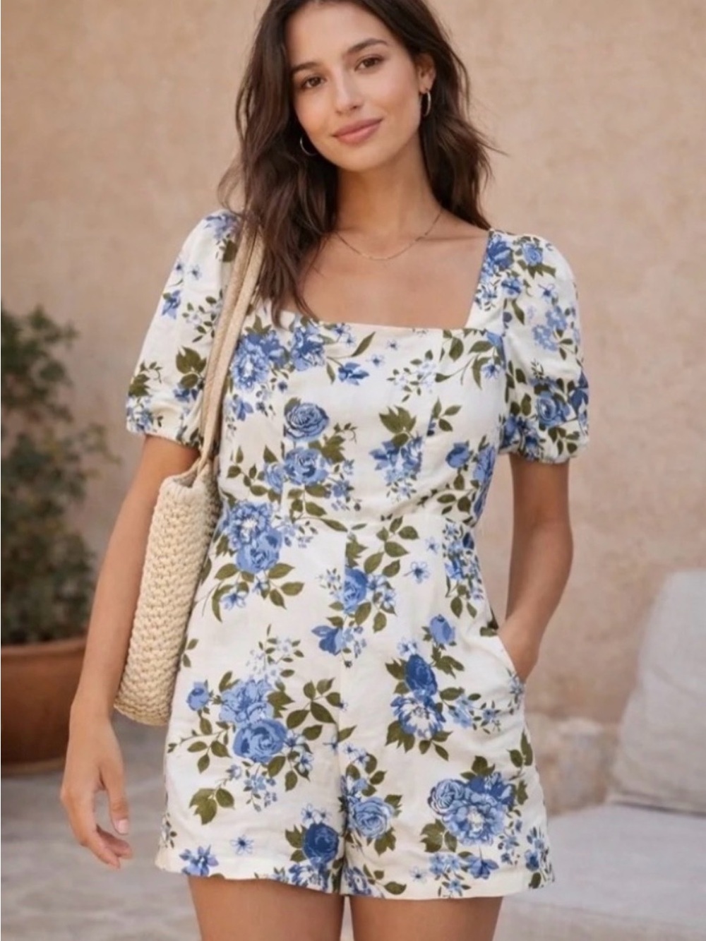 Calypso St. Barth Blue and White Floral Square-Neck Romper